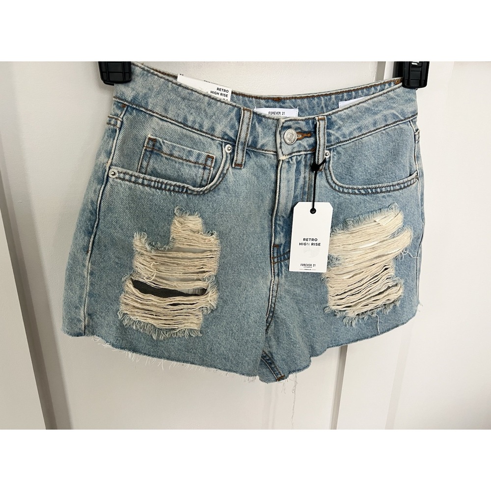 FOREVER 21 Women's Retro High Rise Distressed Denim Blue Washed Shorts Size 27‎